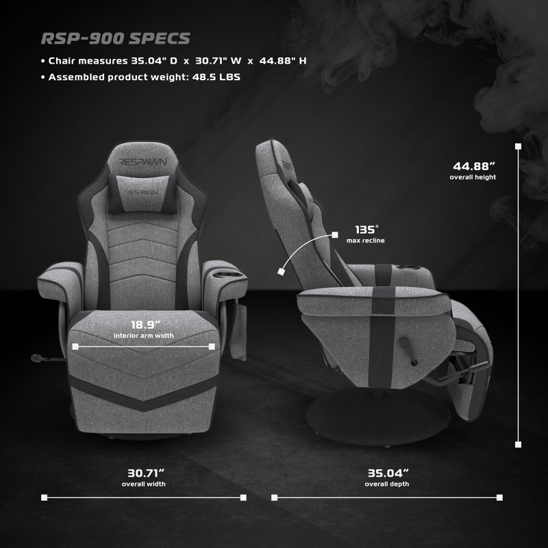 RESPAWN 900 Gaming Recliner - Video Games Console Recliner Chair, Computer Recliner, Adjustable Leg Rest and Recline, Recliner with Cupholder, Reclining Gaming Chair with Footrest - Gray Fabric
