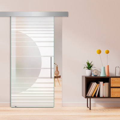 Porte de grange coulissante en verre sans cadre avec design moderne sablé + ensemble de quincaillerie (double-privée)