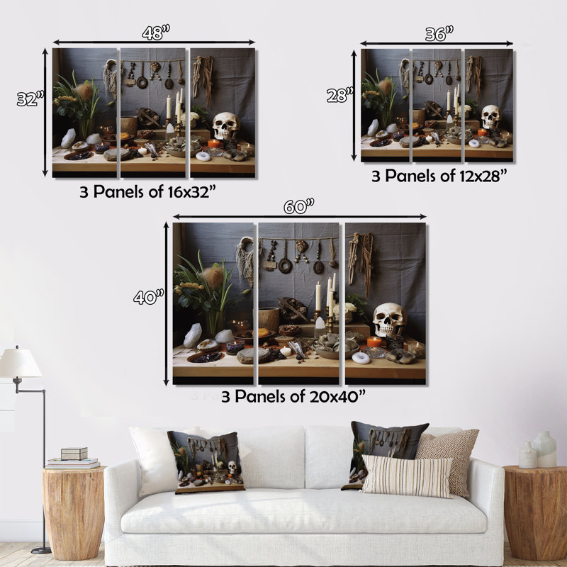 Autel avec objets sacrés II sur toile, reproduction de 3 pièces, H 32 po x l 48 po x P 1 po