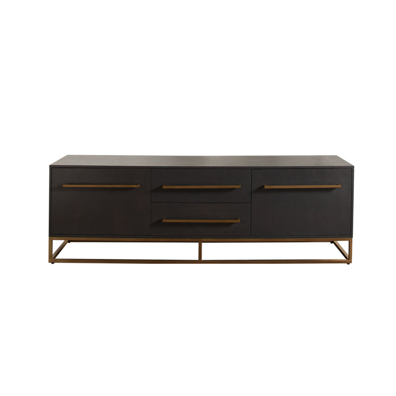 Encore Solid Mango Wood 2-Door / 2-Drawer Entertainment Cabinet In Grey Oak Finish W/ Gold Metal Handle & Base