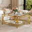 Table basse carrée en verre de 33,5 po, structure géométrique luxueuse en métal, finition dorée et tablette inférieure-150844948
