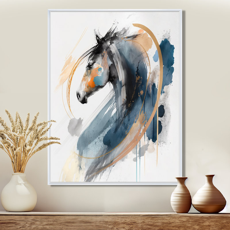 «Black Horse Side Portait II», art mural cheval, H 32 po x l 16 po, Cadre flottant blanc