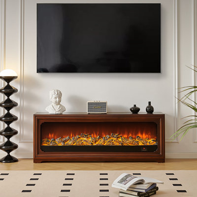 Meuble télé avec foyer en bois manufacturé brun massif