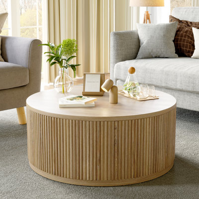 36.5"W Round Solid Wood Spacious Coffee Table Drum Table with Fluted Design
