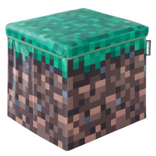 Minecraft: Ottoman - Small - Pixel Grass Block Collapsible Storage w/ Lid, Footrest Box ,11x.8" Square Cube, Store Toys, Game Theme Decor, Licensed