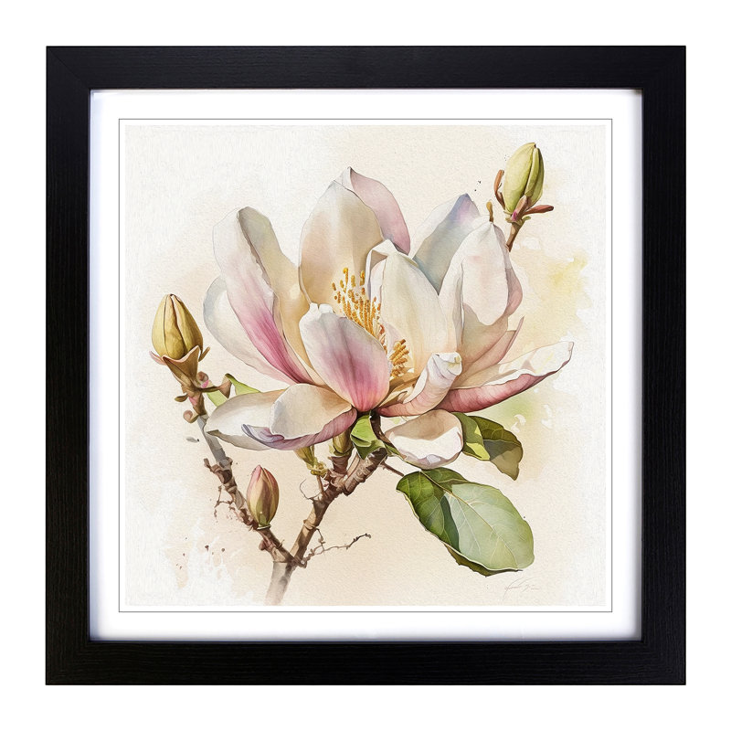 Magnolia Flower Watercolour - Framed Print, Black