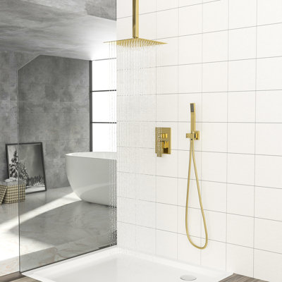 Pommeau de douche double doré - Carré de 40 cm (16 po) fixé au plafond avec douchette et système de dérivation effet pluie