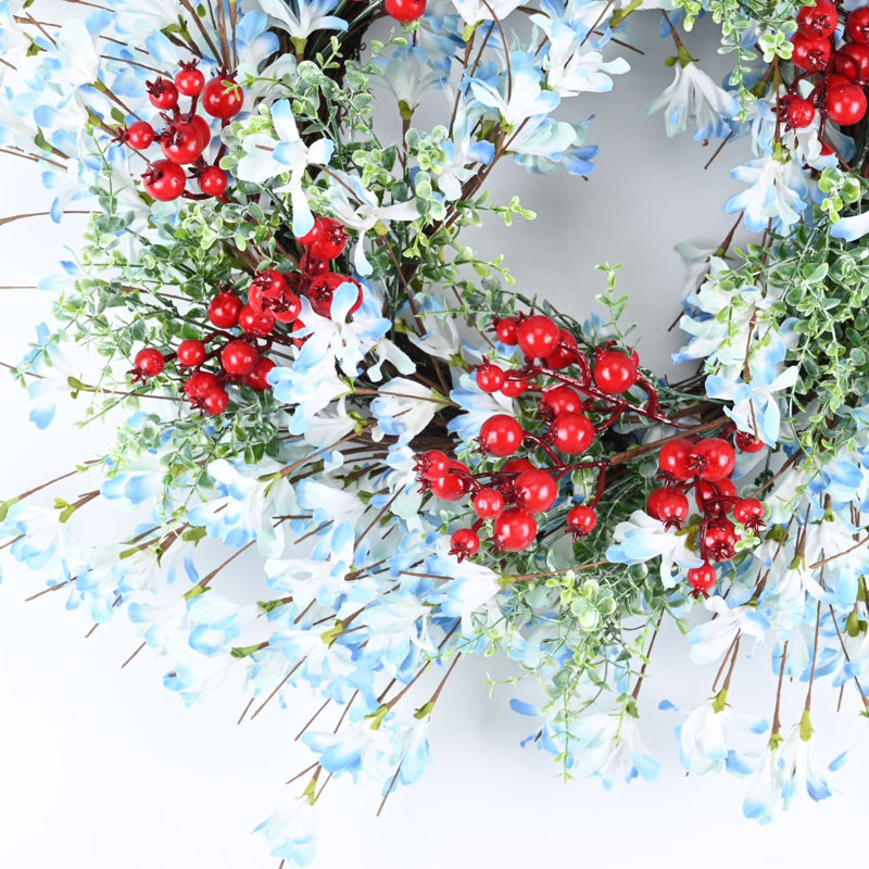 Couronne de Noël en baies et grappe de fleurs 24 po, Bleu/rouge