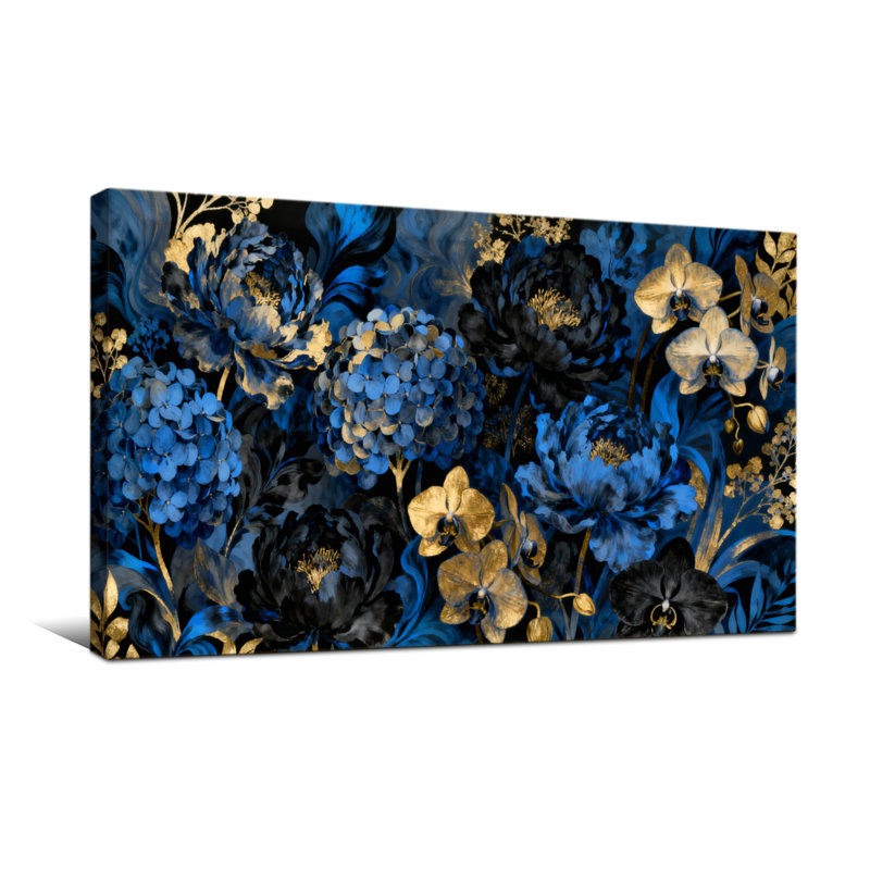 Plantes et fleurs, impression florale à motif floral bleu doré, H 28 po x l 58 po