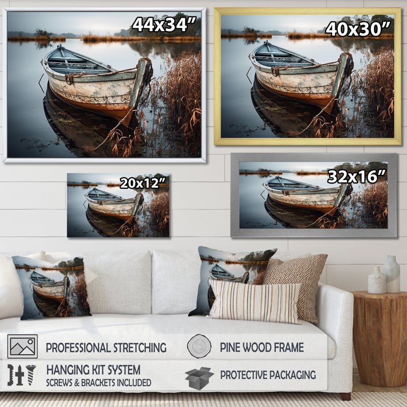 «Coastal Boat Charm In Autumn» - art mural bateau côtier, Cadre noir, H 34 po x l 44 po x P 1,5 po