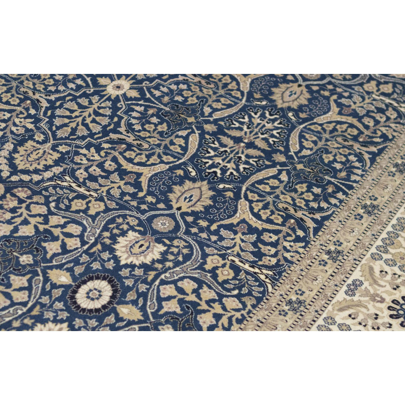Tapis bleu et beige noué à la main de haute qualité