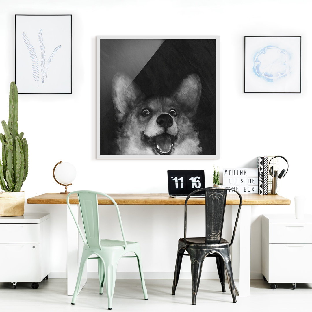 Gerahmtes Poster Illustration Dog Corgi in Schwarz/Weiß