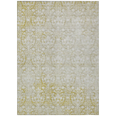 9' X 12' Gold Damask Washable Indoor Outdoor Area Rug
