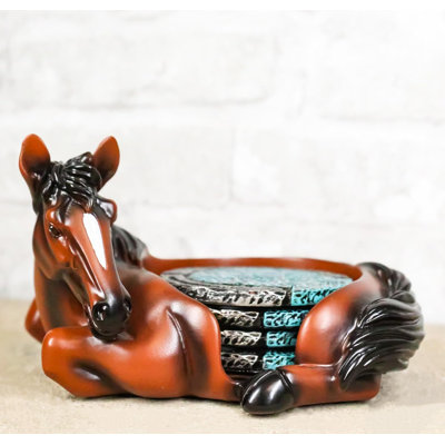 Rustic Western Brown Chestnut Horse Coaster Holder With Horseshoe Coasters Set