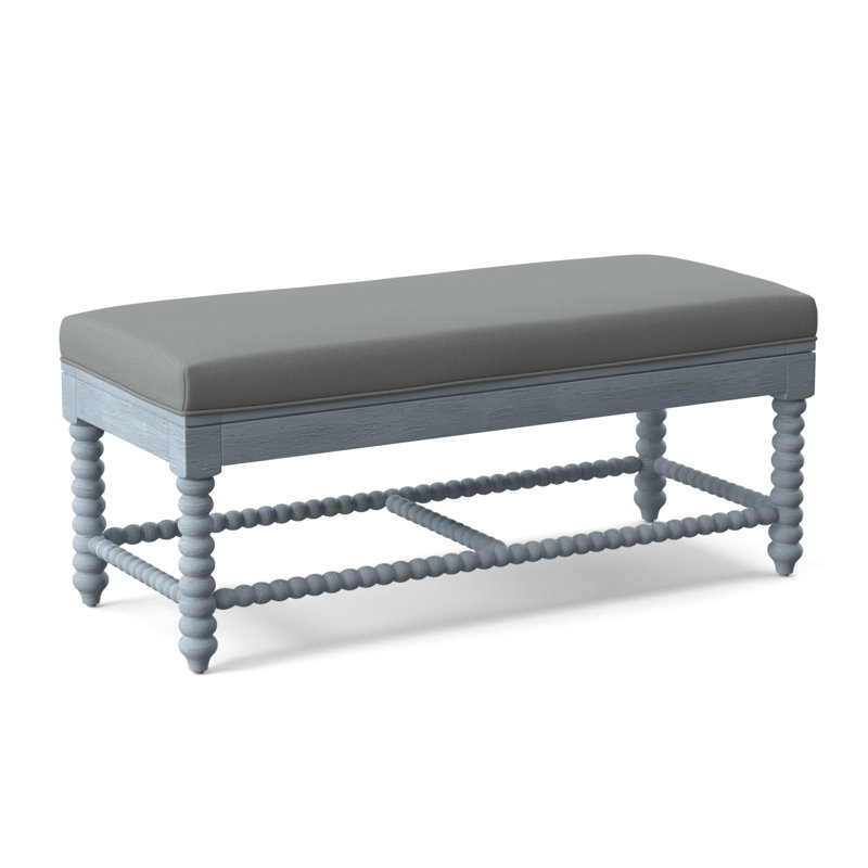 Banc en bois massif Louisa, Finition verre de mer, Tissu performance bleu clair 0851-55