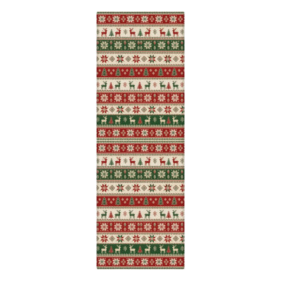 Tapis de chambre lavable à poils ras, motif animaux de Noël : cerfs nordiques et sapins, rouge/ivoire