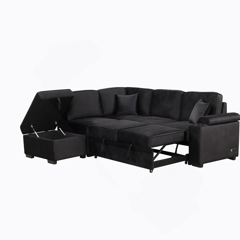 Canapé-lit modulaire en forme de L avec repose-pieds avec rangement, Velours noir