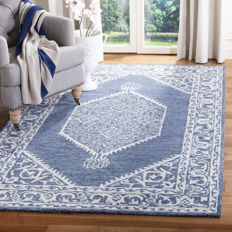 Salerna Micro-Loop Hand Tufted Wool/Cotton Oriental Rug in Ivory/Blue, Rectangle 5' x 8'