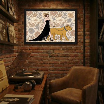 Animaux, fond floral, reine avec lion