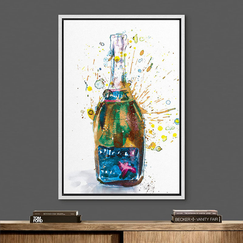 Aquarelle, explosion, liqueur, bouteille, boissons, cocktails, peinture sur cadre flottant, 24" H x 16" W x 1.5" D