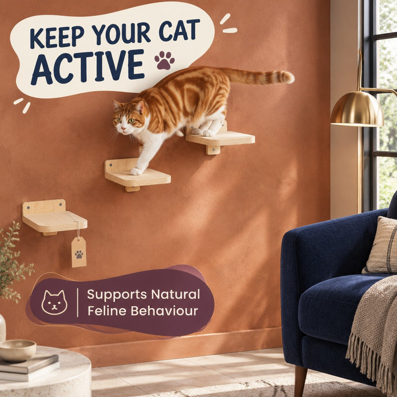 Lot de 3 escaliers muraux en bois naturel pour chats d'intérieur jusqu'à 7 kg ; petites tablettes sûres et robustes pour grimper et jouer.