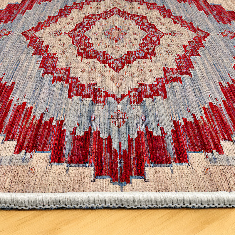 Marisol Blue Red Beige Oriental Machine Printed Cotton Polyester Area Rug, Runner 3'4" x 16'5"