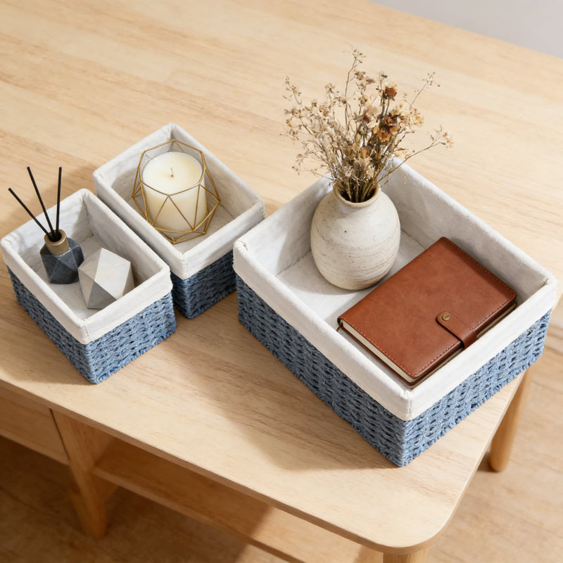 Hand-Woven Wicker Storage Baskets Set Of 3 With Handles, Decorative And Stackable Organizing Bins For Bathroom, Shelves, Closet, And Home Decor