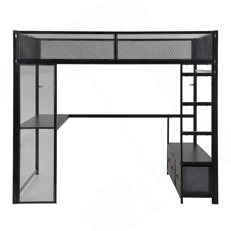 Lit mezzanine en métal pleine grandeur avec DEL, bureau, garde-robe ouverte et 3 tiroirs de rangement en lin