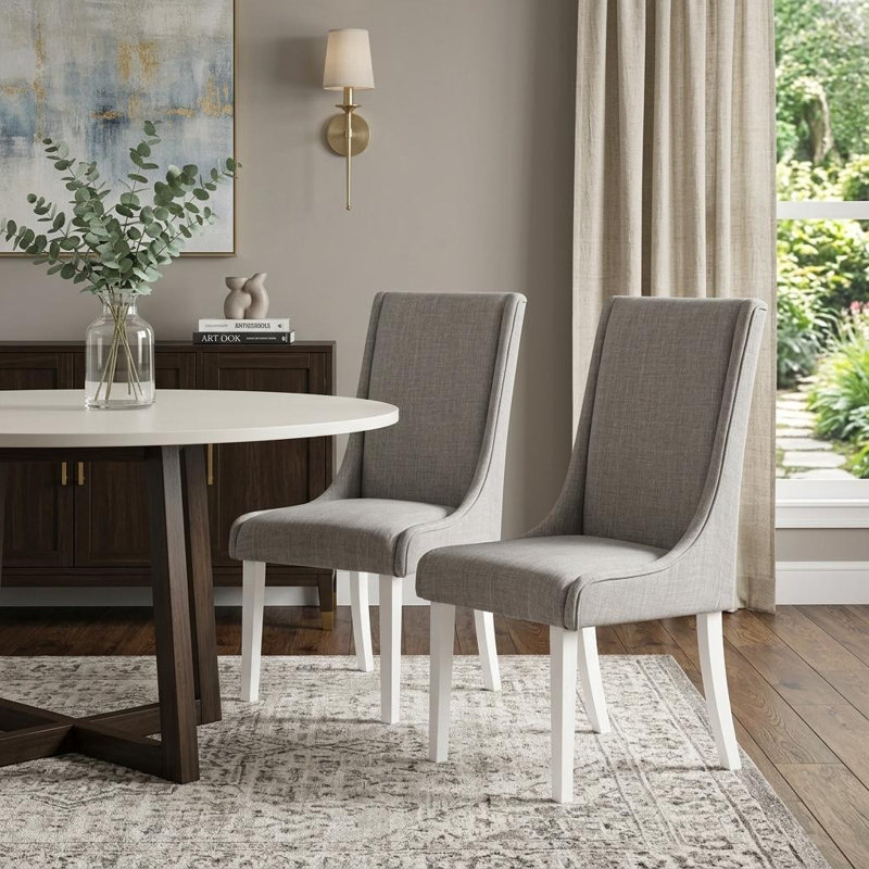 Set of Two Grey and White Linen Dining Side Chairs
