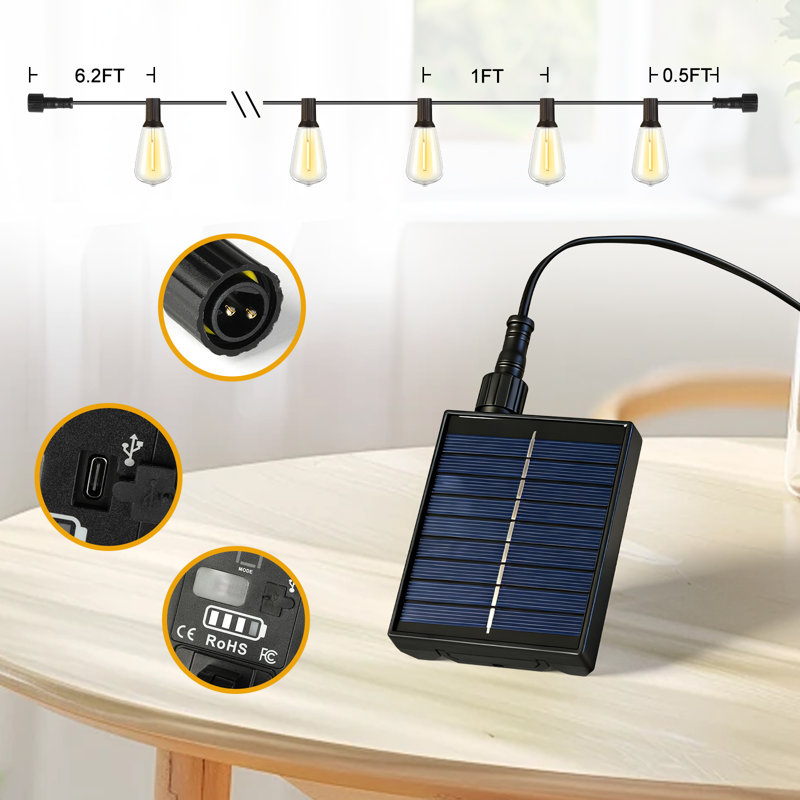 32FT solar outdoor light string, 25 LED warm white courtyard light, 8 modes, remote control, USB charging, including spare light bulbs, garden decoration, backyard decoration, party decoration