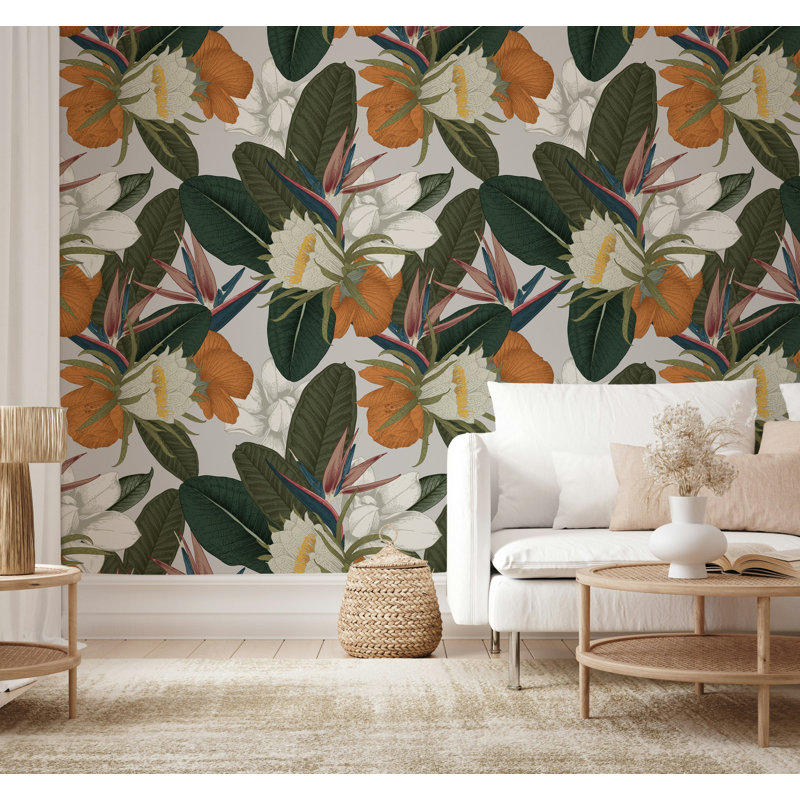 Papier peint floral vert oiseau tropical du paradis, L 100 po x l 150 po