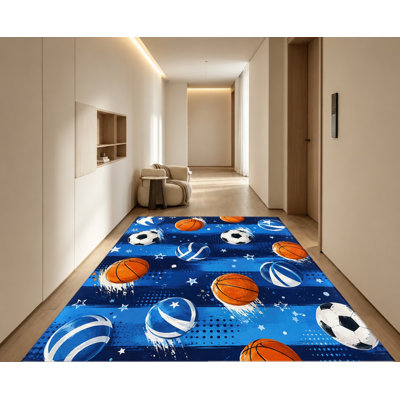 Tapis de sol lavable en machine à thème sportif avec envers antidérapant, motif basketball, soccer et tennis, décoration intérieure confortable pour chambre, salon, sous-sol, appartement