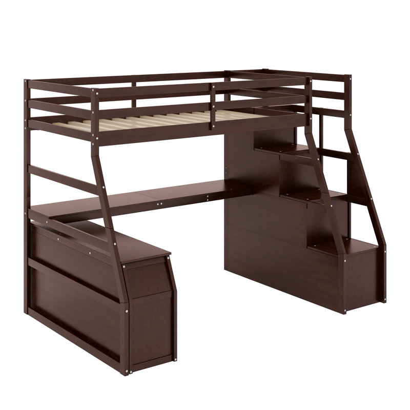 Lit mezzanine simple avec 7 tiroirs, tablettes et bureau, Espresso