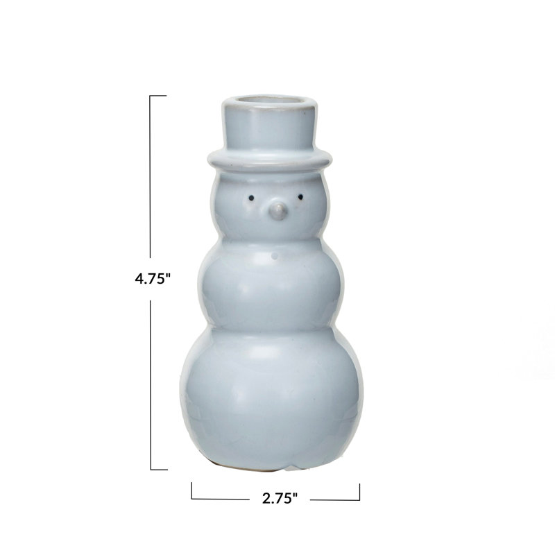 Large Stoneware Snowman Shaped Taper Candleholder With Reactive Glaze, 4.75" H x 2.38" W x 2.38" D