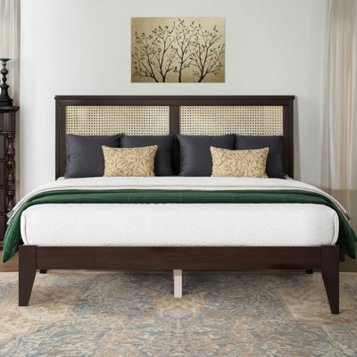 This Queen-Size Solid Wooden Bed Is Made Of High-Quality Rubber Wood. The Headboard Incorporates Natural Rattan Elements And Is Equipped With Reinforc
