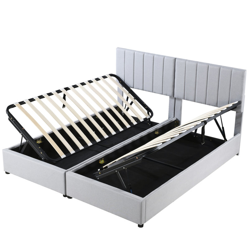 King Size Upholstered Bed In Gray With Practical Hydraulic Storage Solution Platform System