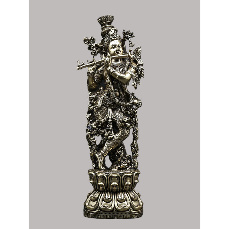 Statue de Krishna en laiton fabriquée à la main 11 pouces avec flûte
