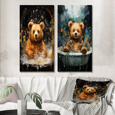 «Bathroom Bear Bubble Fiesta» - Ensemble de 2 impressions de salle de bain en métal