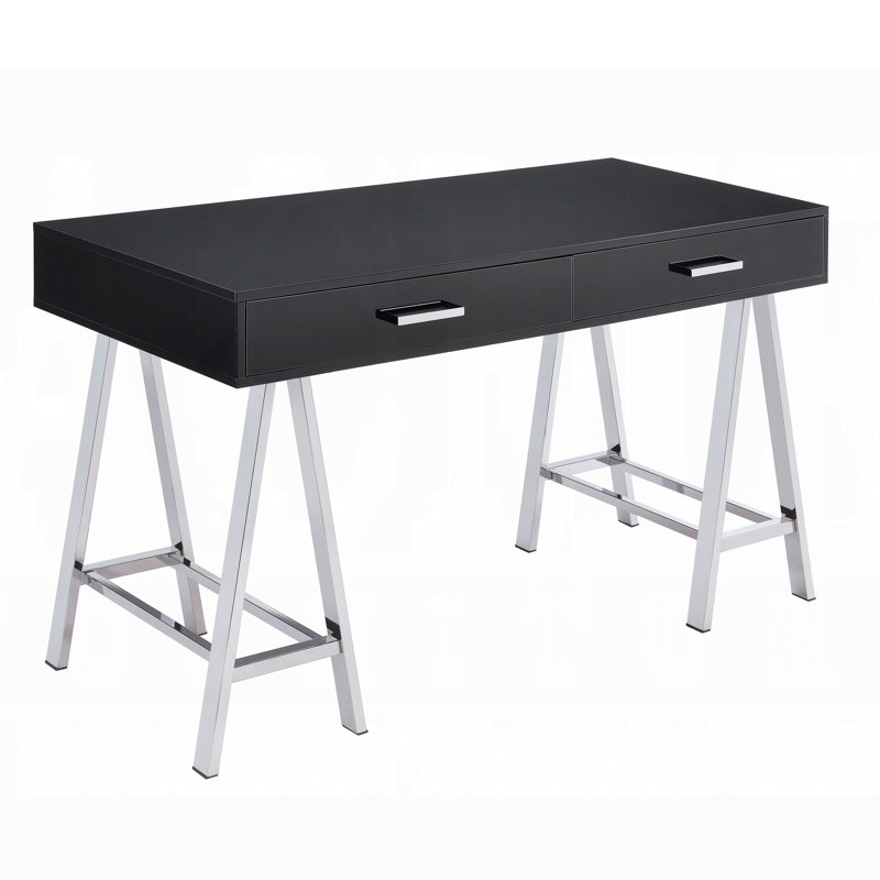 Bureau d'écriture à 2 tiroirs noir brillant et chrome, bois et métal, 1 pièce, bureau d'écriture, noir et argent, avec tiroirs