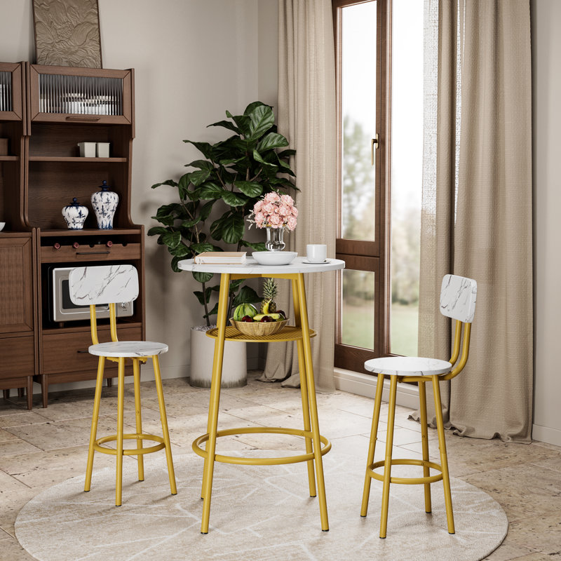 Ensemble 3 pièces de table et chaises avec 2 tabourets et table de salle à manger, Jaune
