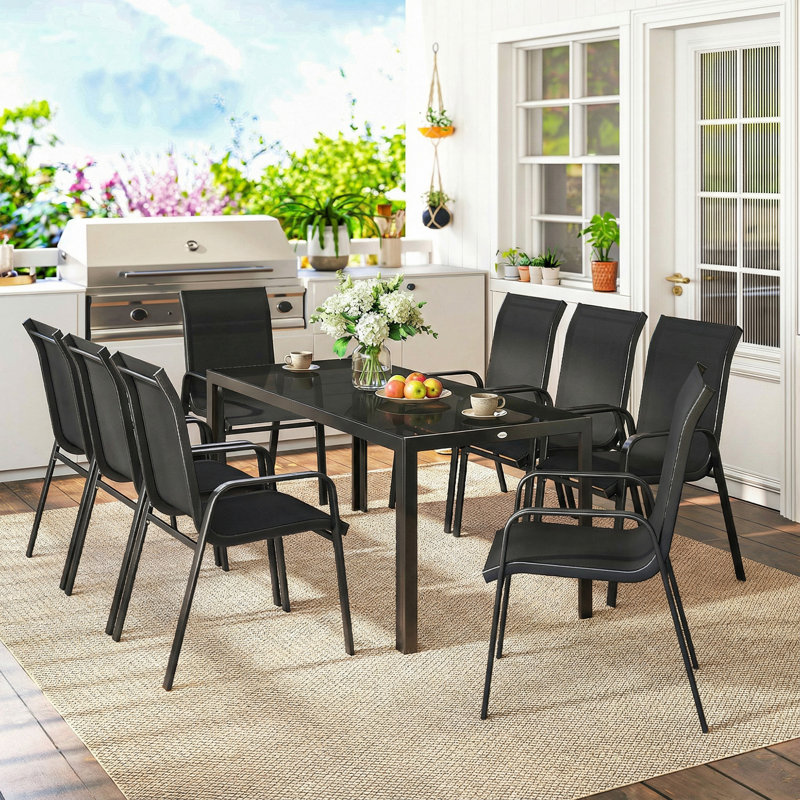 8 - Person Patio Dining Set with Rectangular Table, Black