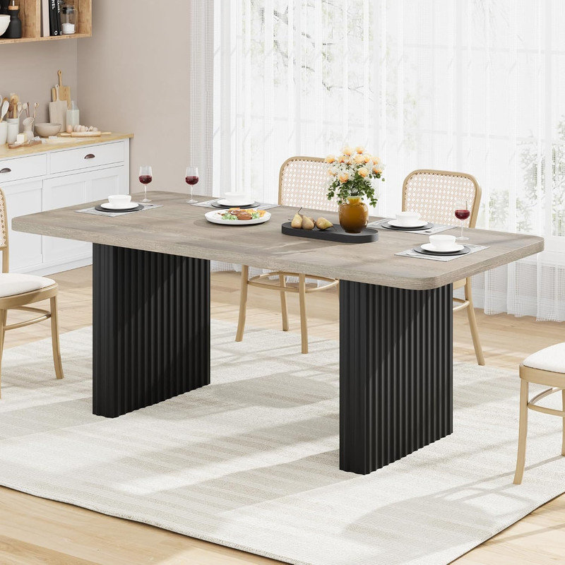 Table de salle à manger 71 "pour 6 à 8 personnes, table de ferme rectangulaire avec pieds ondulés en métal et plateau en bois pour le bureau personnel