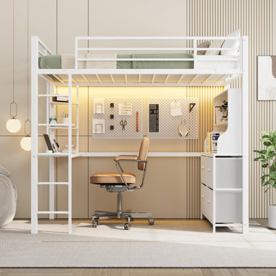 Twin Size Loft Bed with Desk, 4 Large Fabric Drawers and 2 Storage Shelves, Heavy Duty Metal Loft Bed with LED Lights & Charging Sation, Safety Guard & Ladder, No Box Spring Needed