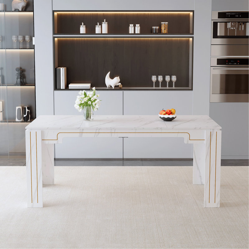 71 × 31.5 Inch White Marble Patterned MDF Spliced Tabletop Dining Table With Grooved Legs Design. Home Dining Table, Suitable For 6-8 People. Flexible Adaptation To Restaurants, Living Rooms, Etc.