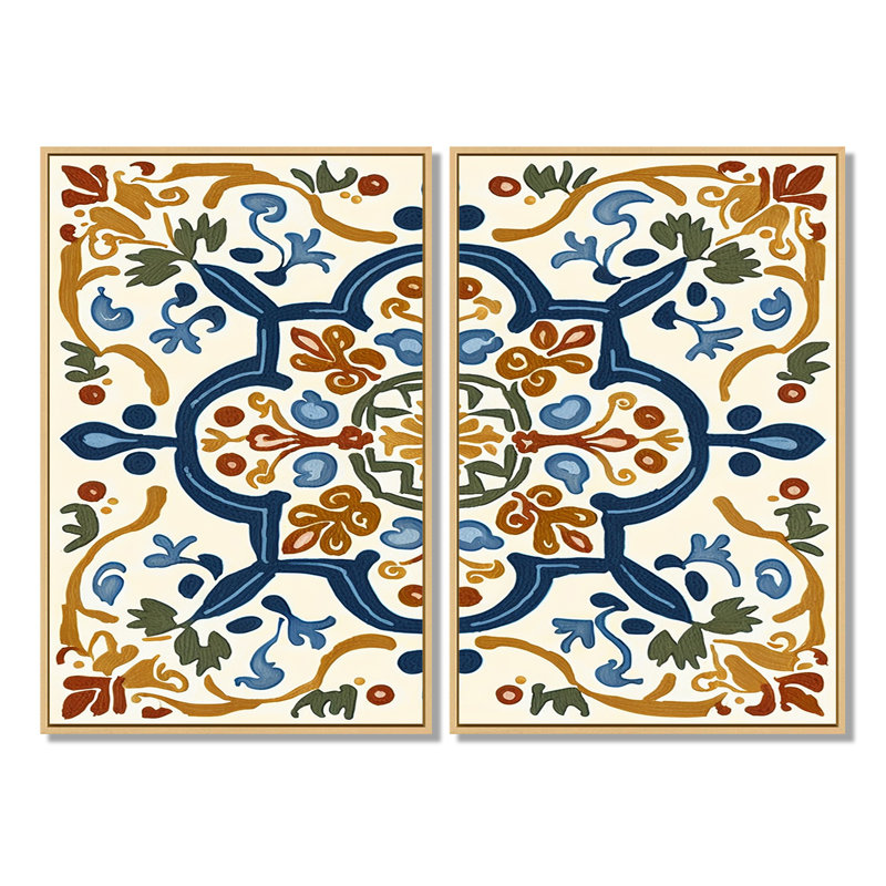 Carreaux de la Méditerranée en bleu rétro IV - tuile abstraite, décoration murale, H 36 po x l 48 po, Crème, crème