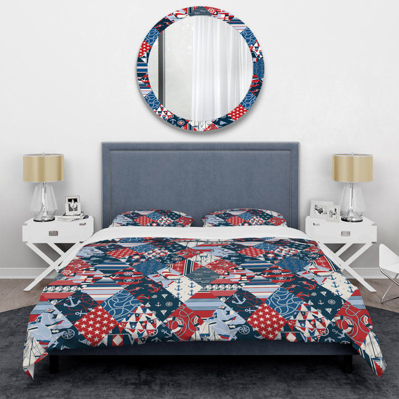 Red and Blue Patchwork - Abstract Duvet Cover Set - Microfiber Polyester, King Duvet Cover + 2 King Shams