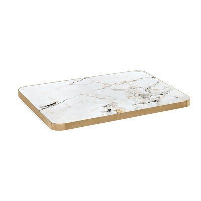 30 po x 48 po, plateau de table en marbre fritté d'aspect marbre blanc avec filets gris subtil et doré et bordure en aluminium doré, pour une utilisation intérieure / extérieure