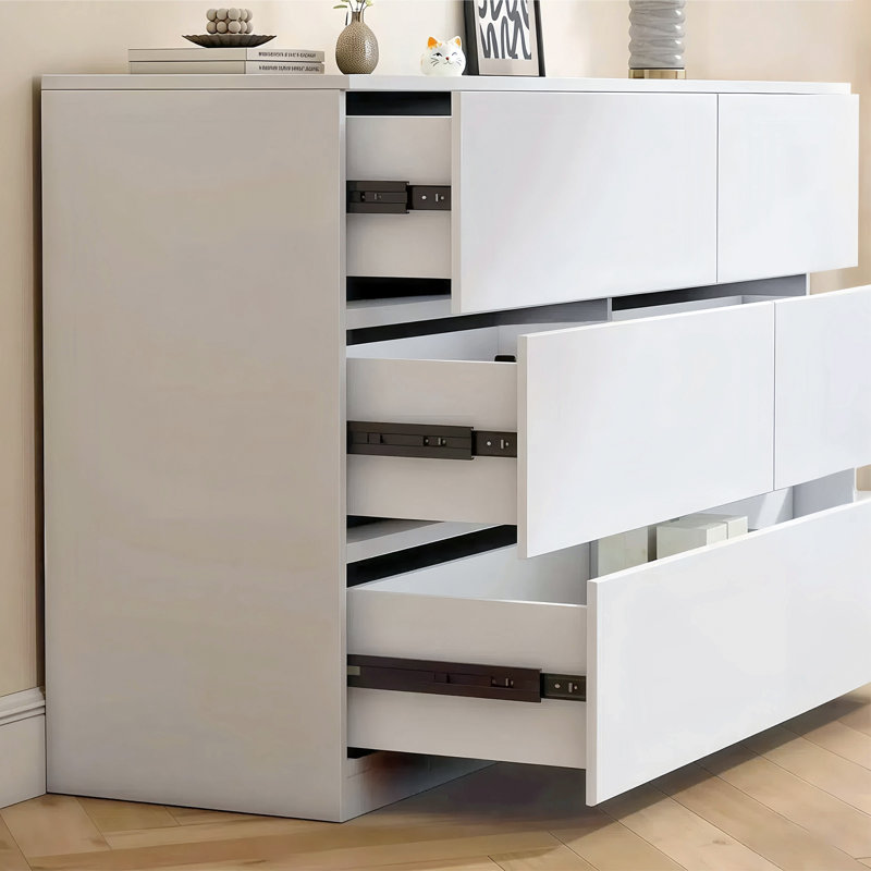 Commode 6 tiroirs l 47,2 po, plateau spacieux et poignées dissimulées blanches, Blanc