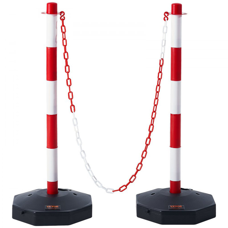 Adjustable Traffic Delineator Post Cones, 2 Pack, Traffic Safety Delineator Barrier with Fillable Base 8FT Chain, for Traffic Control Warning Parking Lot Construction Caution Roads, Red & White
