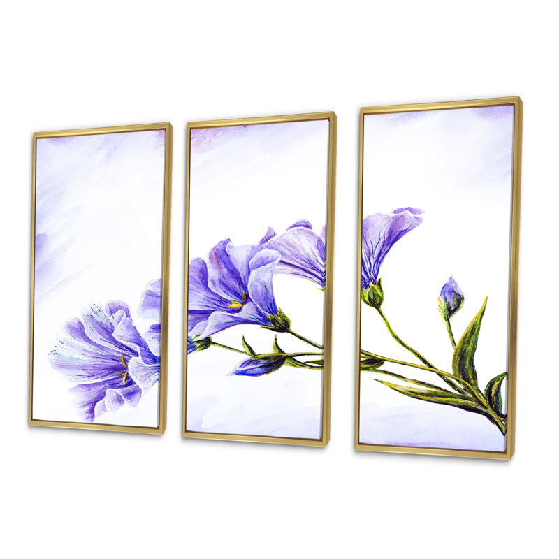 Fleurs bleues bleues - 3 pièces, peinture sur toile, H 32 po x l 48 po, Or